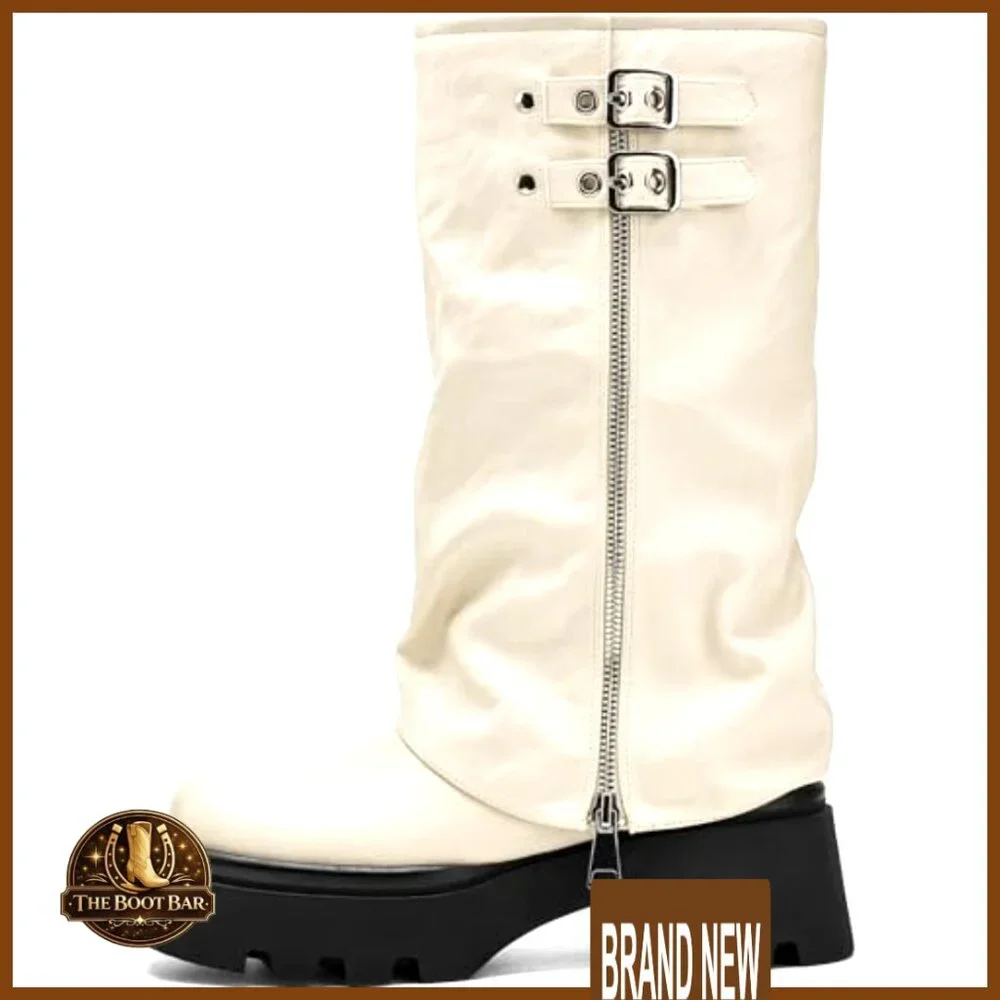 Knee High Boots Chunky Platform Moto Riding Slouchy Fold Over Wide Calf - Picture 4 of 6